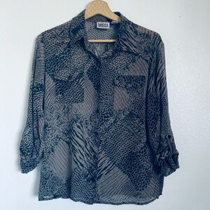 Chico's Women's snake print, 100% silk, sheer, button-down, front button pockets